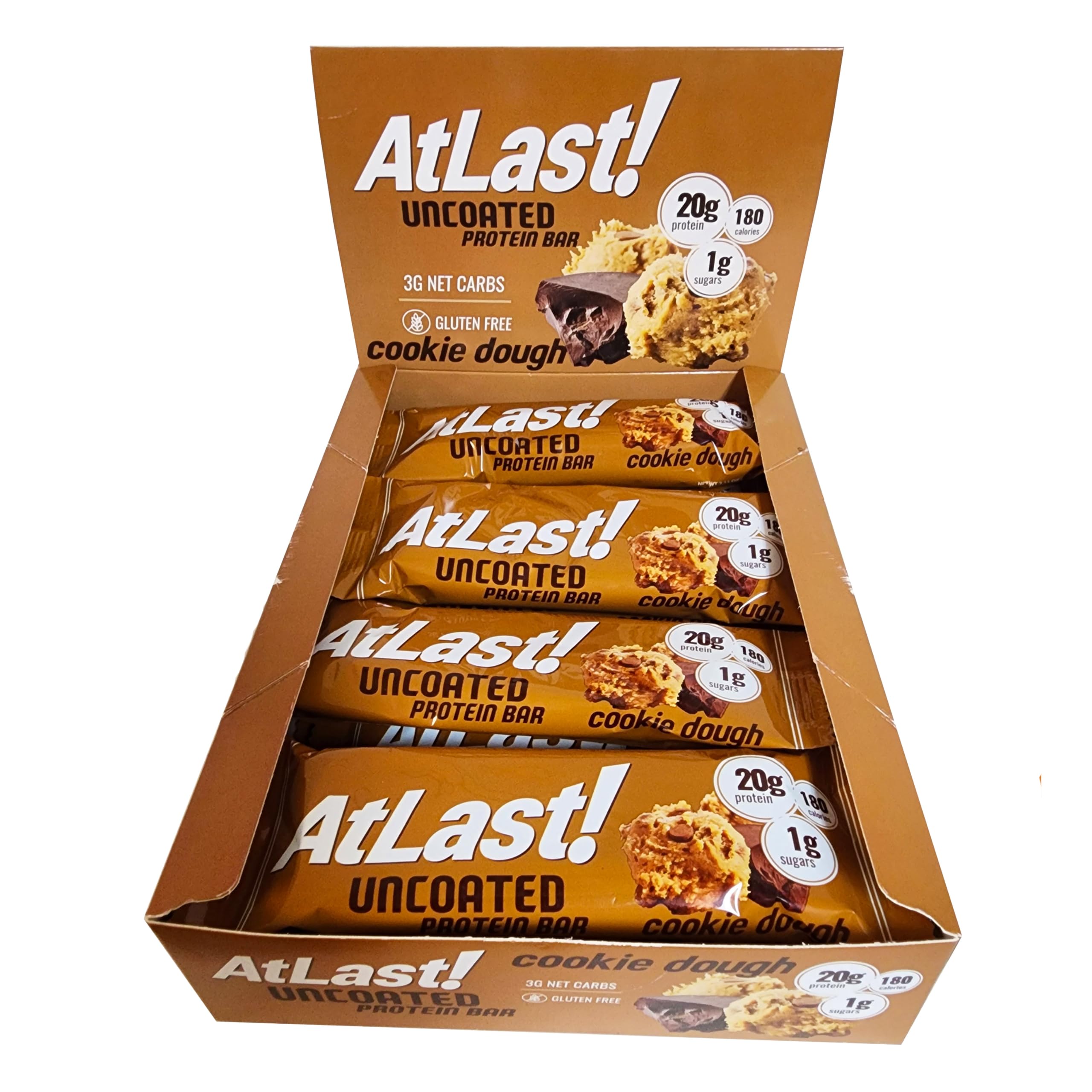 At Last! Cookie Dough Protein Bar packshot highlighting a protein-packed snack for on-the-go energy.