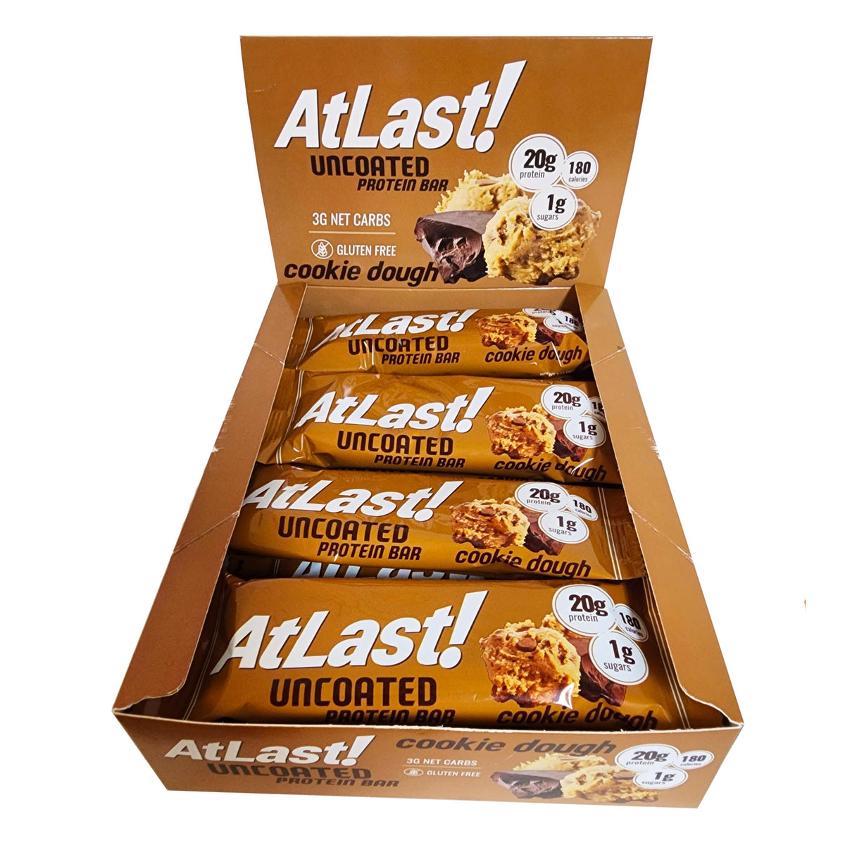 At Last! Cookie Dough Protein Bar packshot highlighting a protein-packed snack for on-the-go energy.