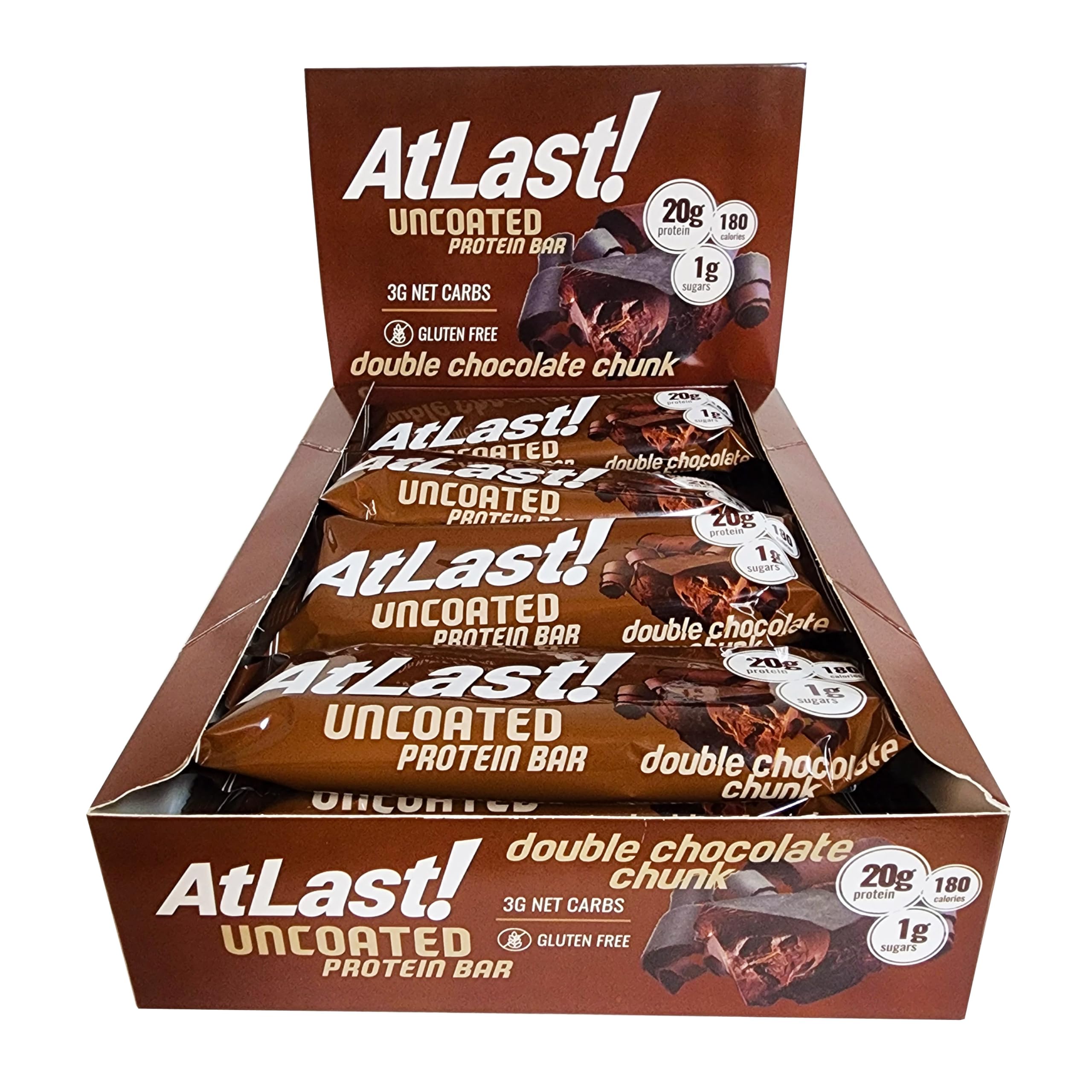 AtLast! packaging highlights 3g net carbs and 20g protein for on-the-go fueling.