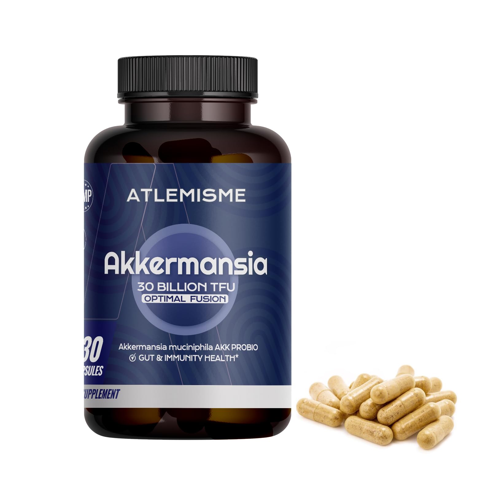 ATLEMISME Akkermansia packaging front view highlighting travel-ready stability.