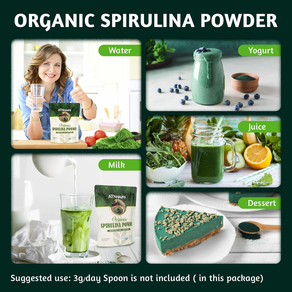 ATNreuro spirulina powder bottle label emphasizing USDA organic non-GMO quality