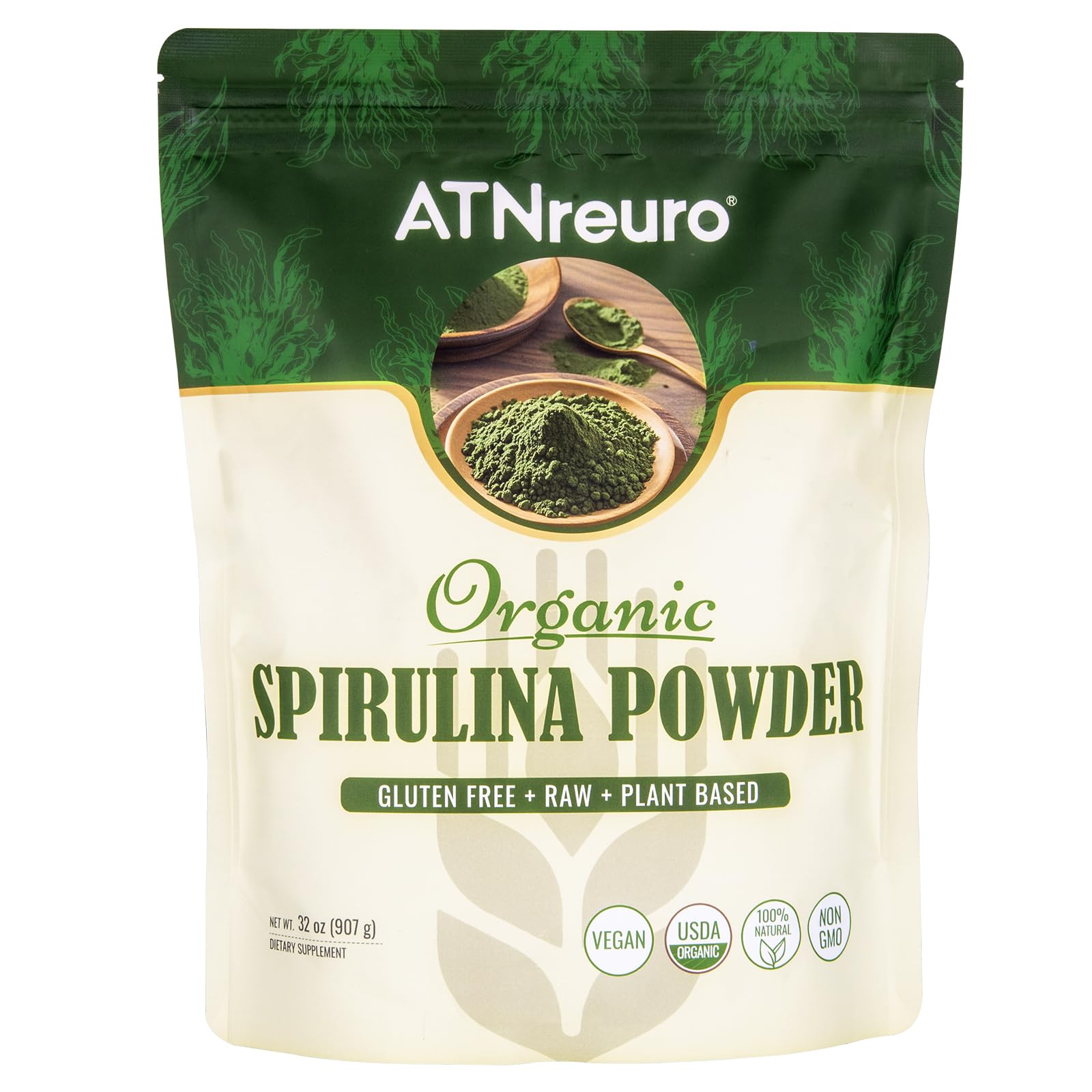 ATNreuro organic spirulina powder front jar displaying vibrant green color for smoothies