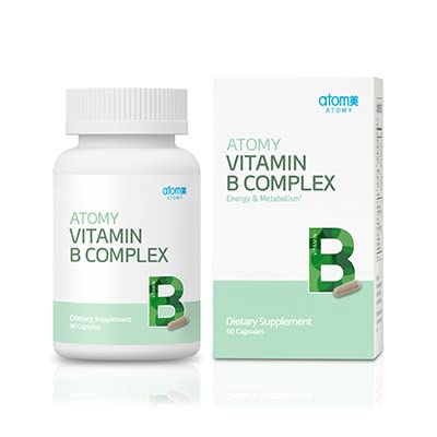 Atomy Vitamin B Complex bottle closeup highlights vegan, non-GMO formula for daily energy support.