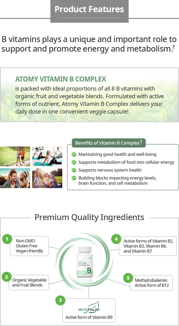Atomy Vitamin B Complex vegan capsules beside a glass of water for daily routines.