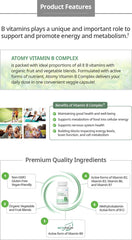 Atomy Vitamin B Complex vegan capsules beside a glass of water for daily routines.