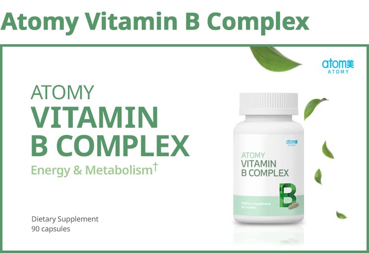 Atomy Vitamin B Complex veggie capsules on white background highlight gluten-free, vegan benefits.