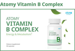 Atomy Vitamin B Complex veggie capsules on white background highlight gluten-free, vegan benefits.