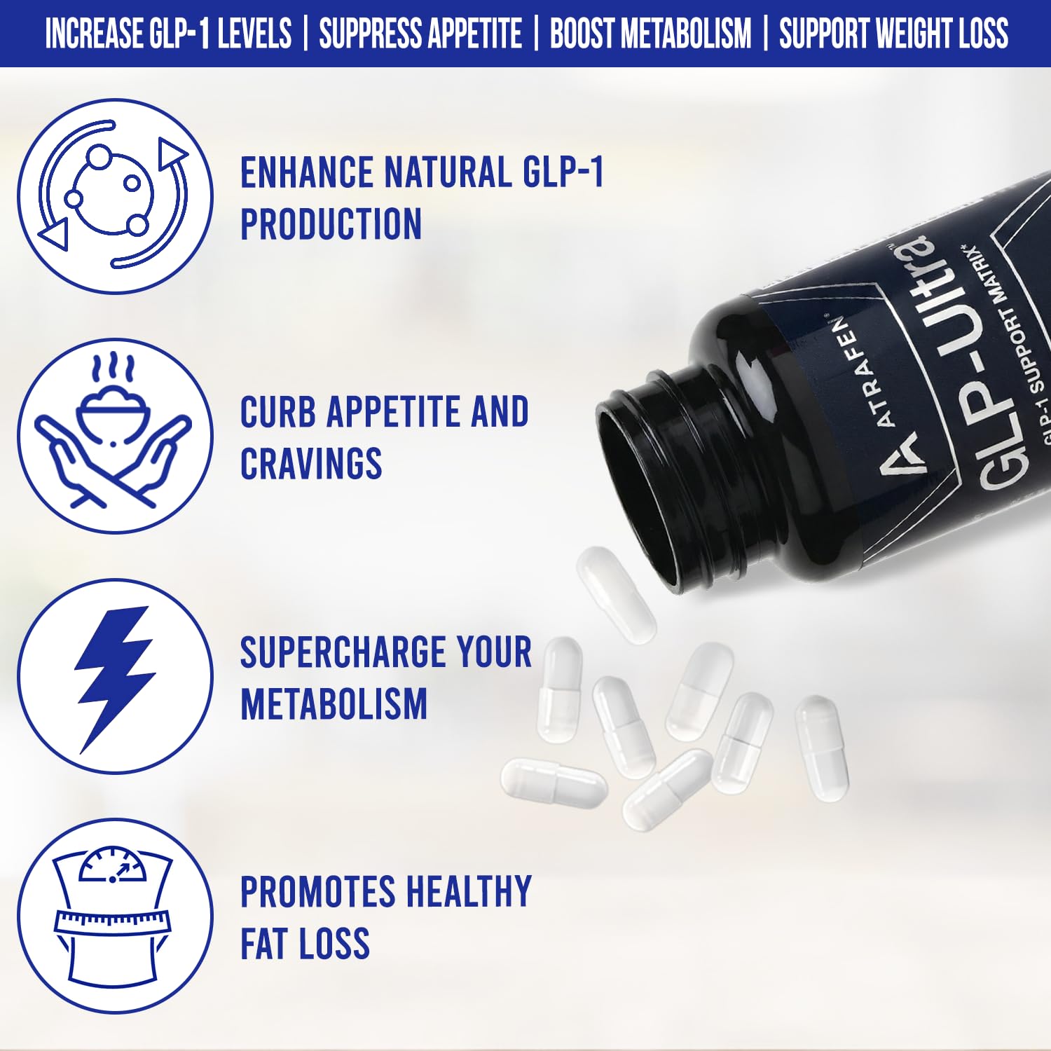 Atrafen GLP Ultra bottle with dosing spoon indicating convenient intake.