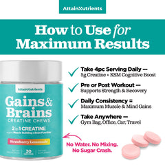 Attain Nutrients Creatine Chews label shows 5g per serving for convenience