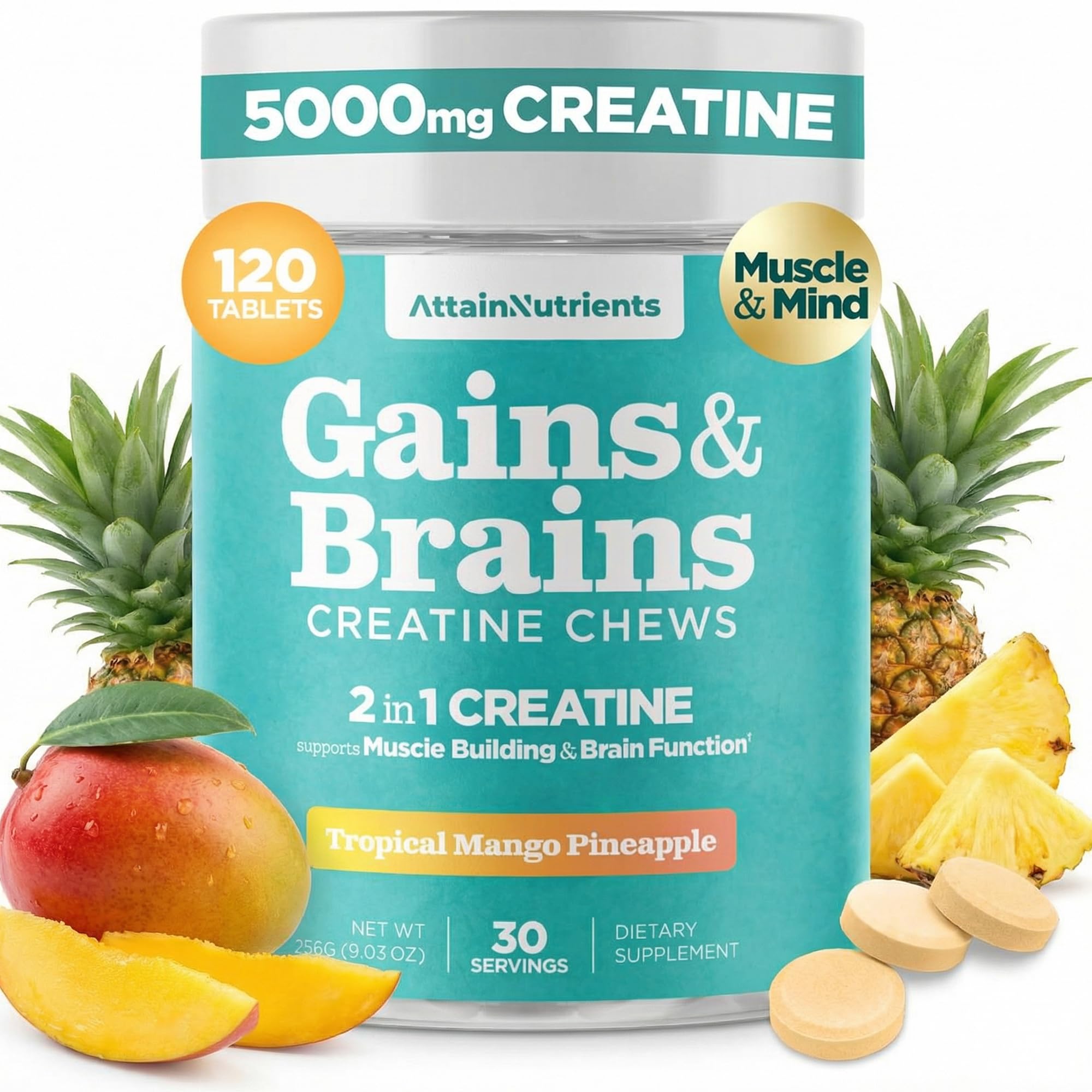 Attain Nutrients Creatine Chews tropical mango bottle for on-the-go fueling.