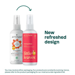 ATTITUDE mango hand sanitizer spray side view, easy backpack or lunchbox use.