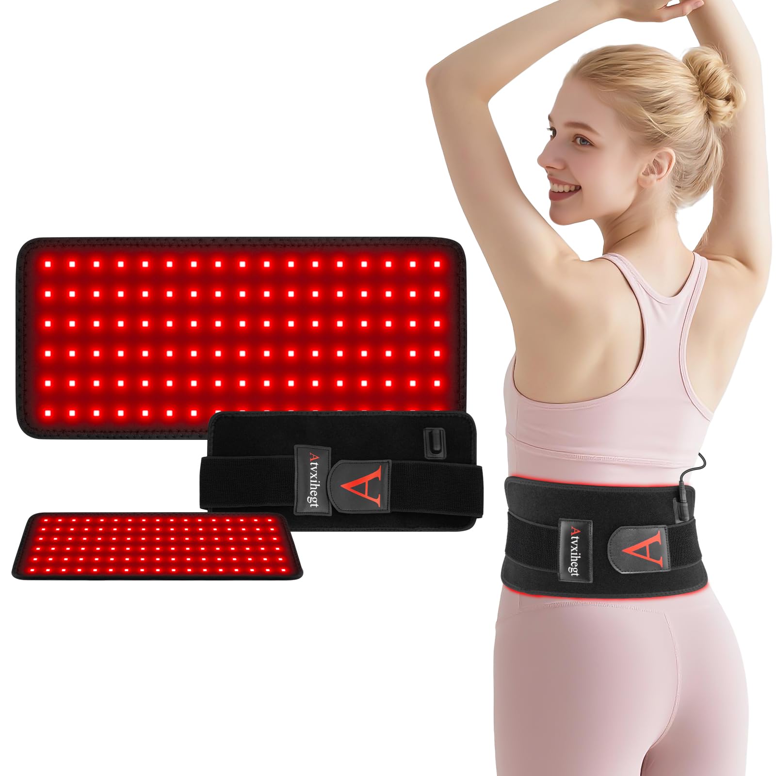 Atvxihegt red light therapy belt back view showing coverage for back and waist for comfort