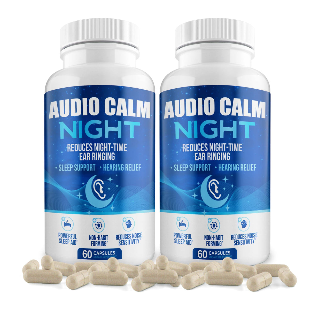 Audio Calm Night bottle on nightstand supports a calm, restful bedtime routine.