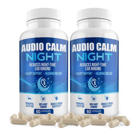 Audio Calm Night bottle on nightstand supports a calm, restful bedtime routine.