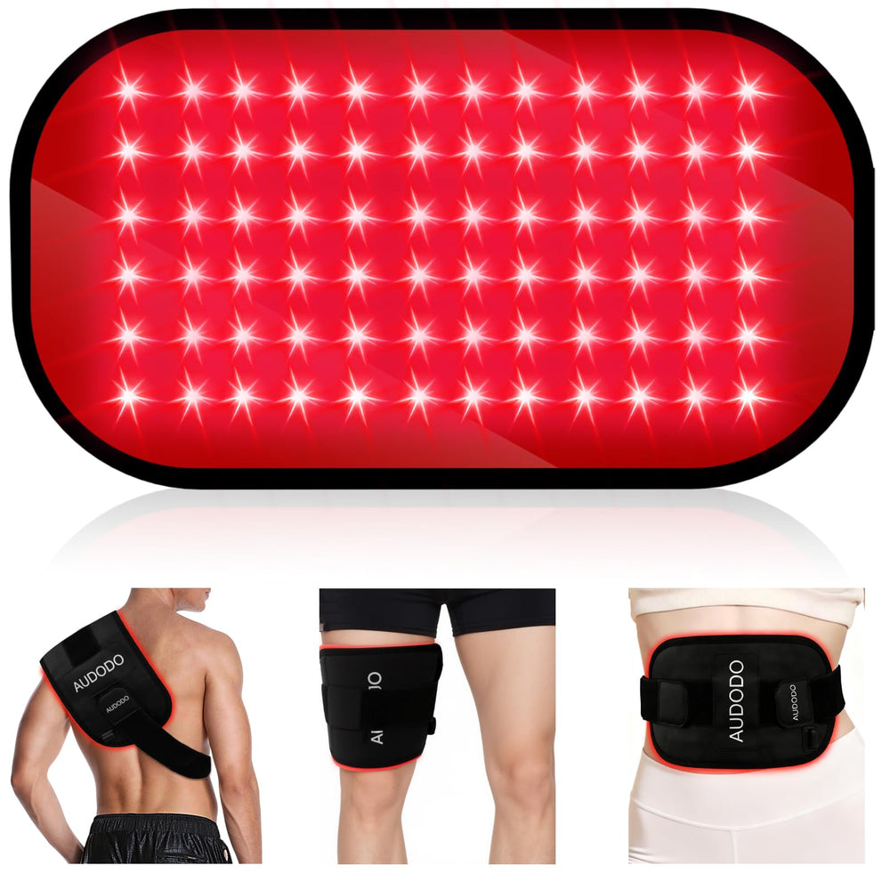 Audodo red light therapy belt wrapped on back showing targeted warmth and relaxation