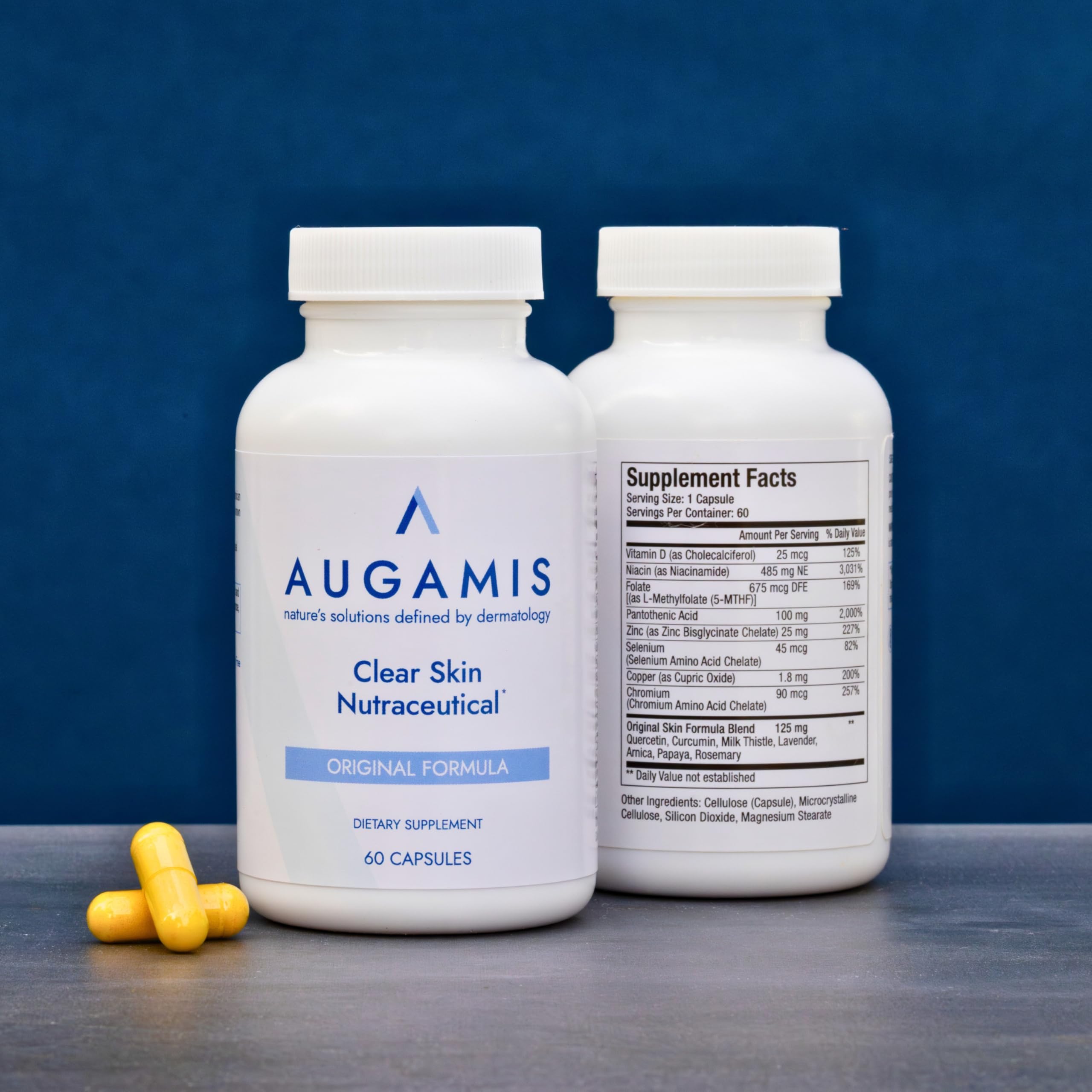 Augamis bottle on bathroom shelf suggests an easy daily routine