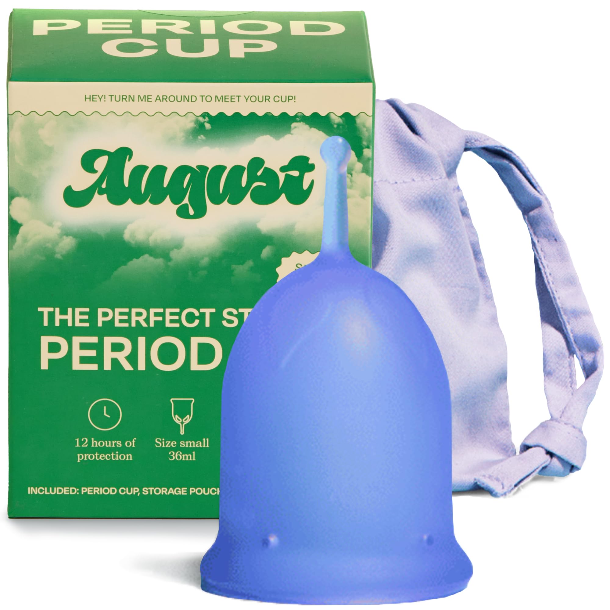 August Period Cup close-up highlighting 36 mL capacity for longer wear