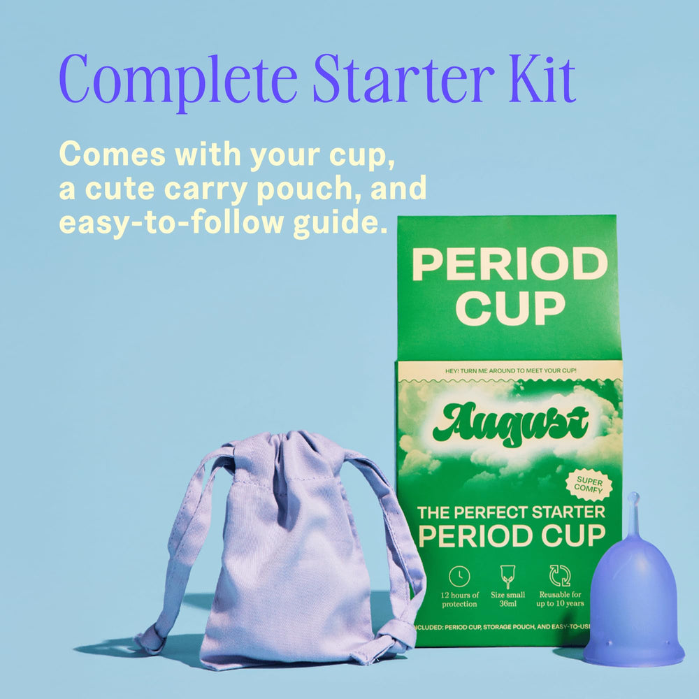 August Period Cup in cotton-sateen pouch for travel and storage