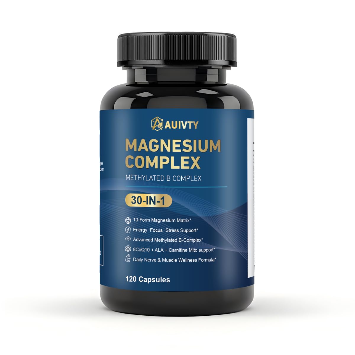 Auivty Magnesium Complex bottle displaying 30-in-1 formula for daily wellness