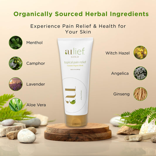 Close-up of the Aulief Gold label highlighting organic ingredients.