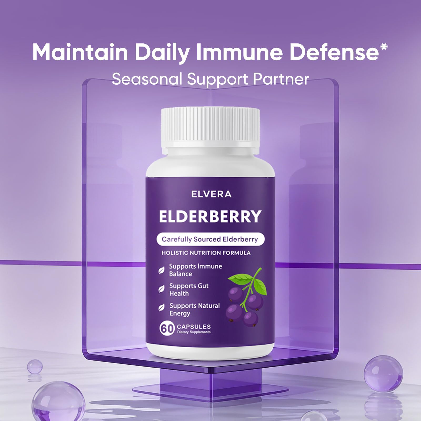 Aultink Elvera elderberry softcaps label highlights digestive comfort benefits.