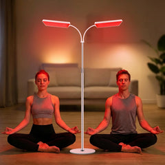 Aumtrly two-head red light therapy lamp front view for easy at home therapy sessions.