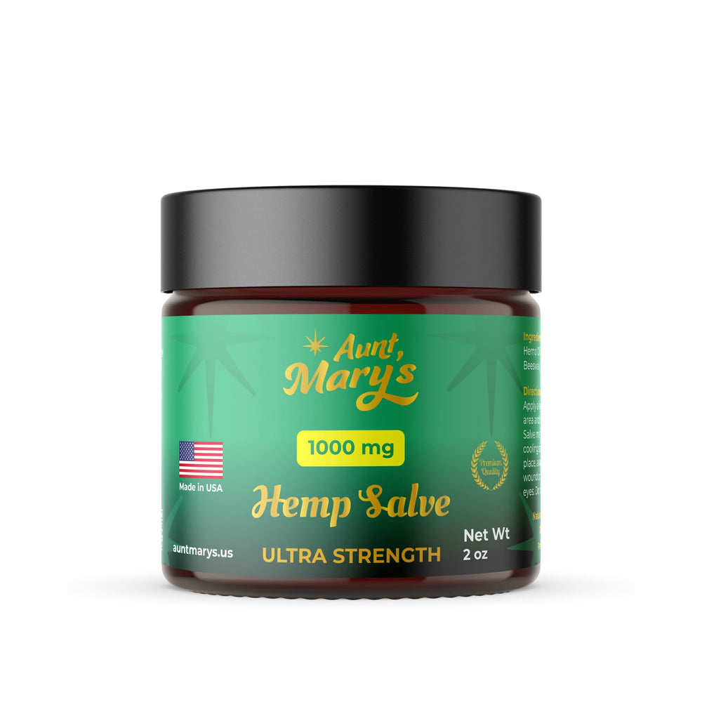 Aunt Mary’s Hemp 1000 mg salve jar for fast, non-greasy joint relief.