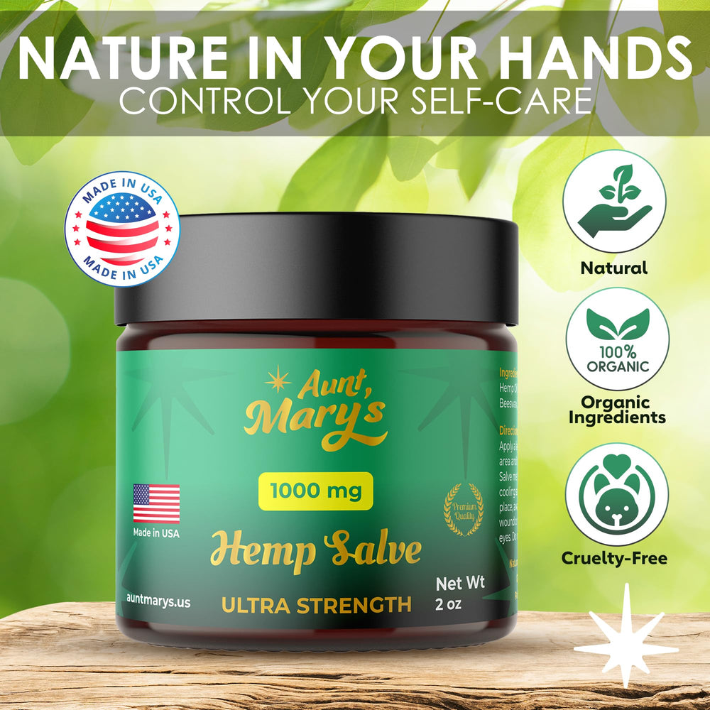 Aunt Mary’s hemp salve applied to the back or neck for comfortable movement.