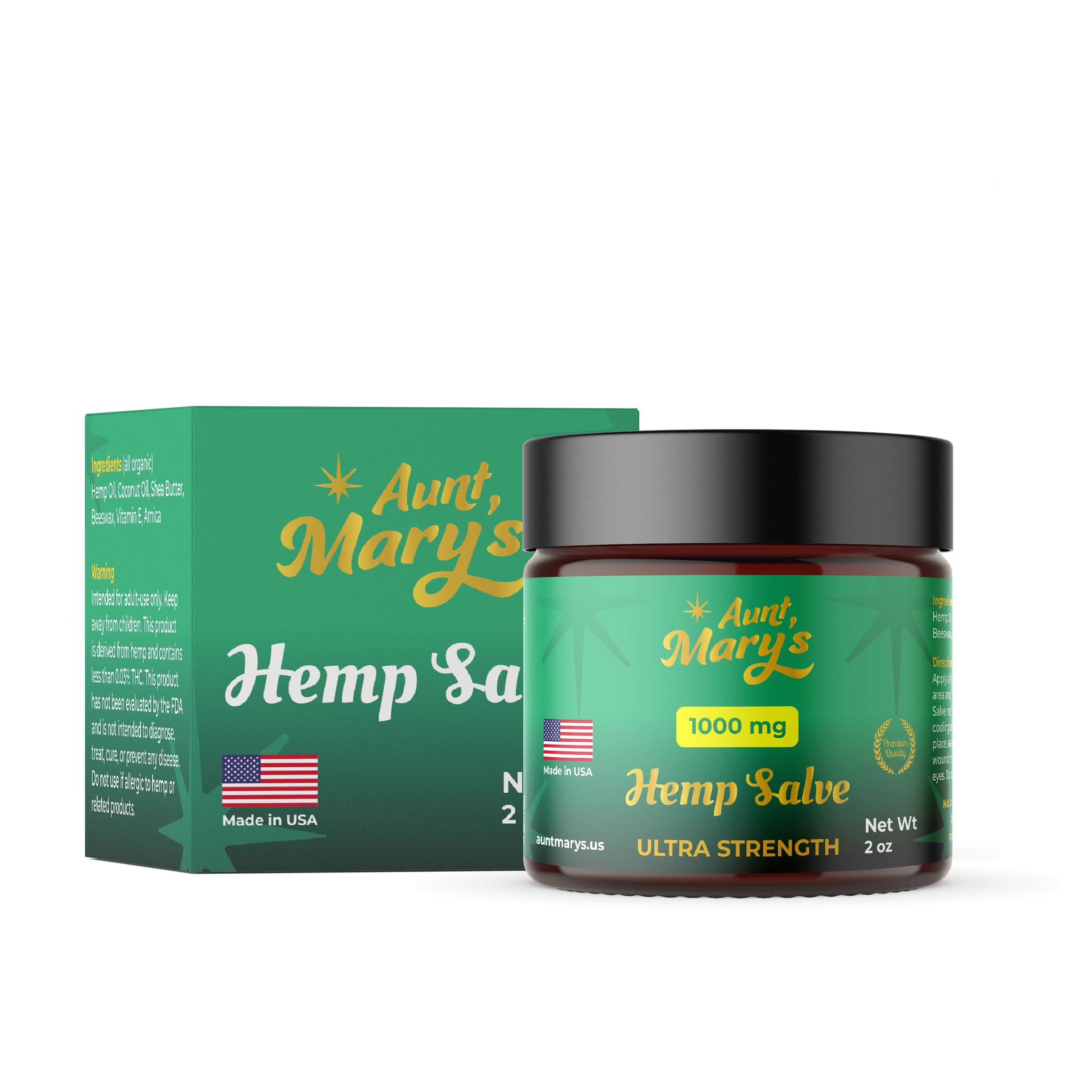 Aunt Mary’s Hemp salve proudly made in the USA with lab-tested quality.