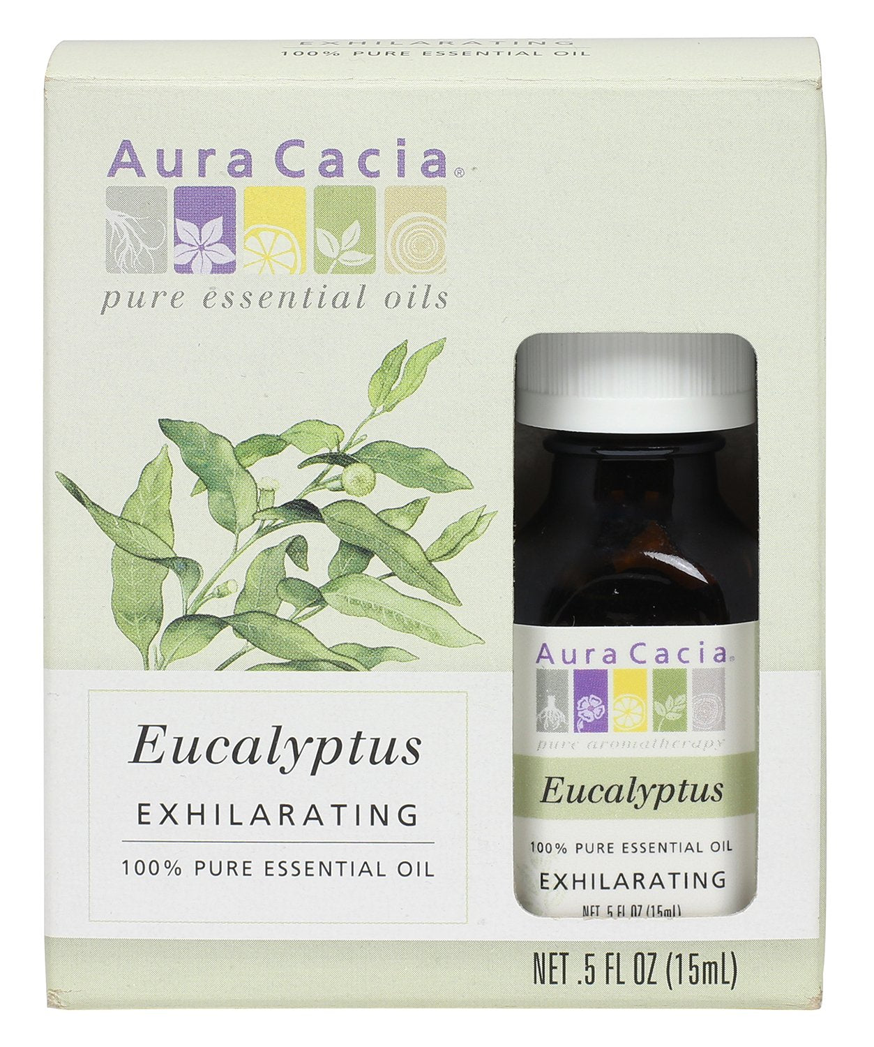 Aura Cacia pure eucalyptus essential oil bottle close-up, refreshing aroma for inhalation.
