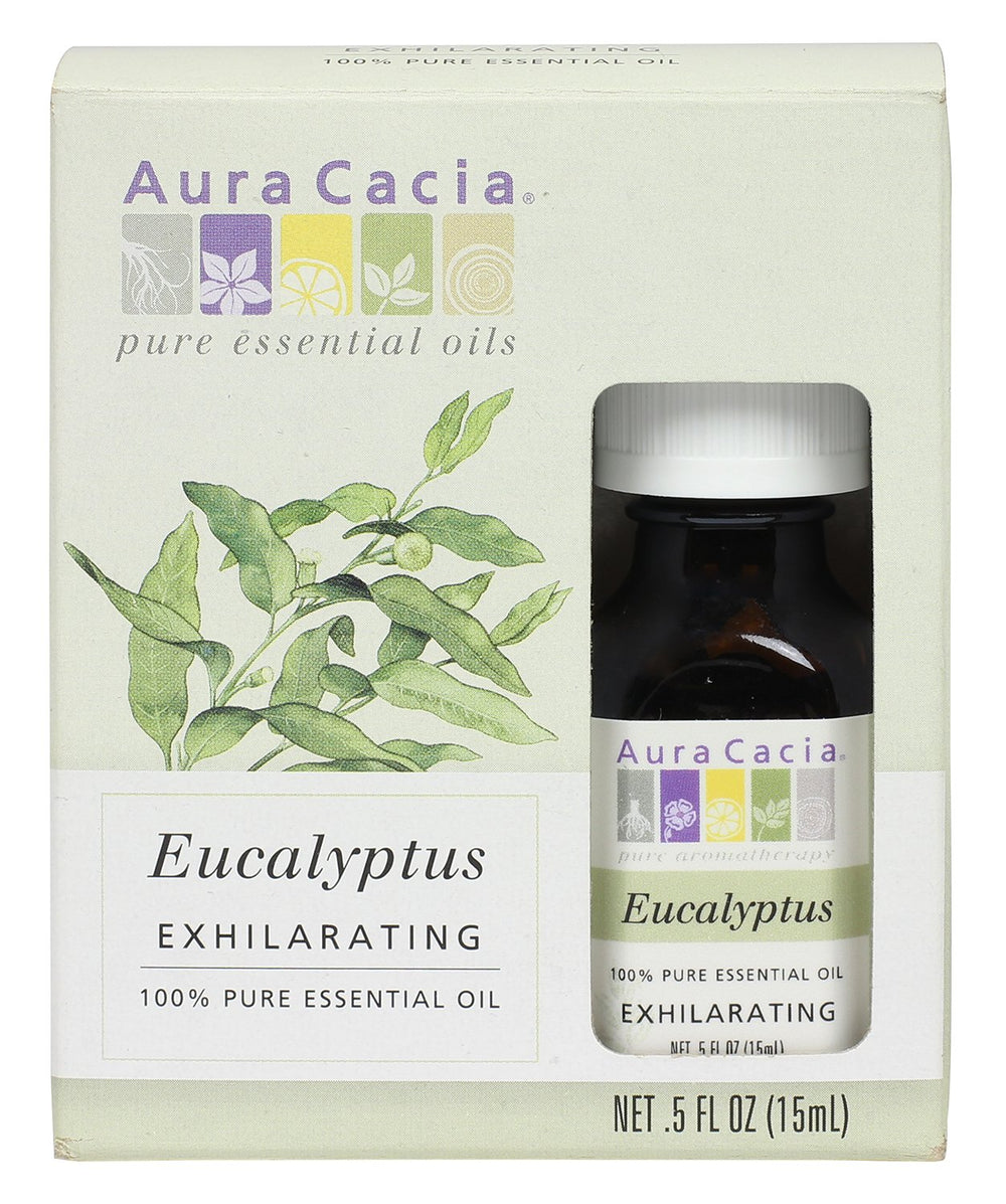 Aura Cacia pure eucalyptus essential oil bottle close-up, refreshing aroma for inhalation.