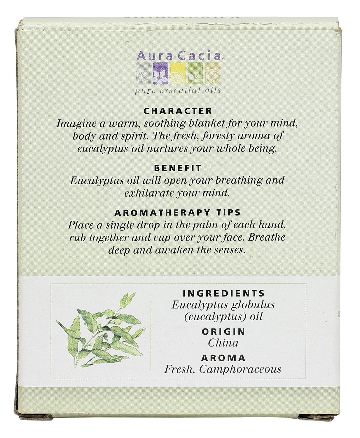Aura Cacia eucalyptus oil packaging and labels, sign of purity and consistency.