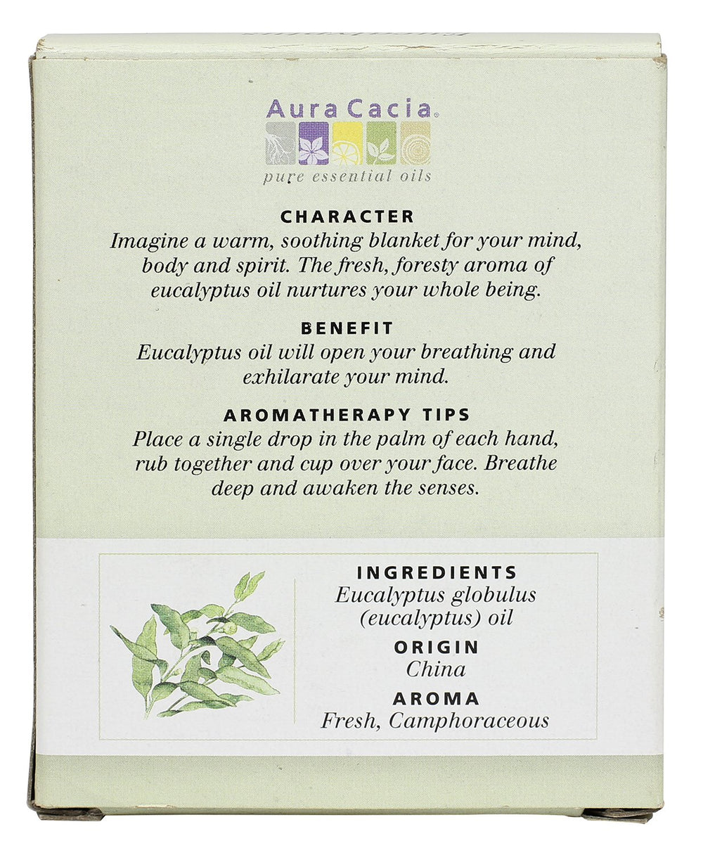 Aura Cacia eucalyptus oil packaging and labels, sign of purity and consistency.