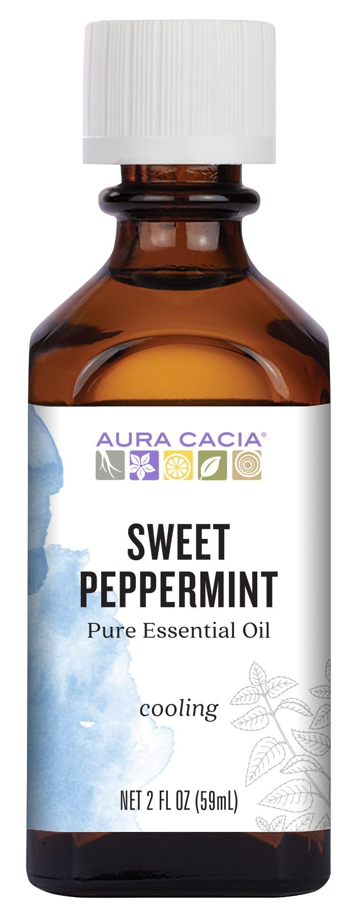 Aura Cacia Sweet Peppermint essential oil bottle pour releasing a fresh minty scent