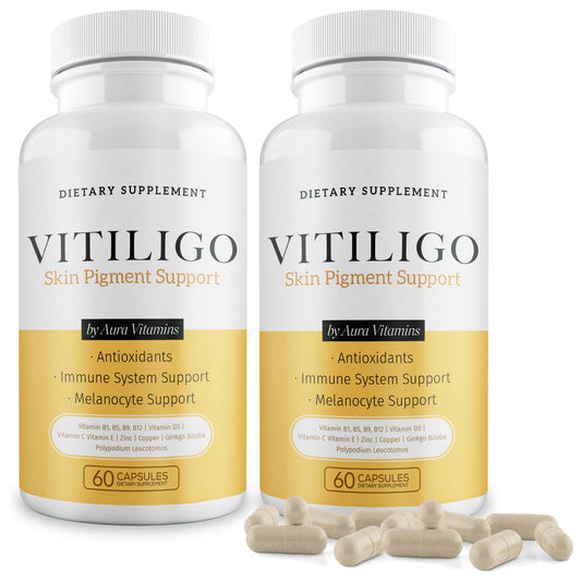 Aura Vitamins Dermawonder Vitiligo Capsules bottle with pigmentation support label