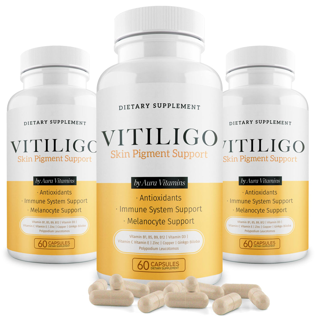 Aura Vitamins Dermawonder Vitiligo Capsules bottle on shelf highlighting daily skin support.
