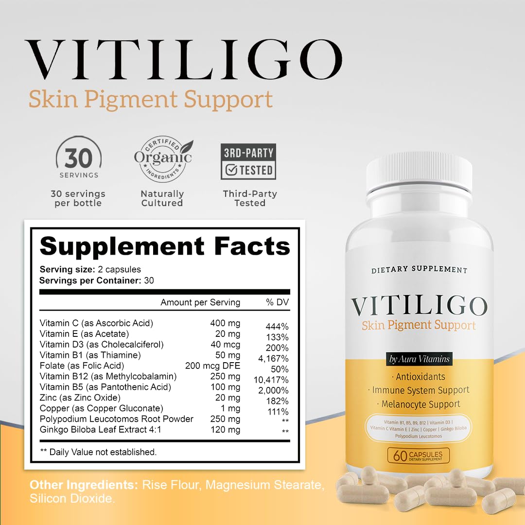 Aura Vitamins Dermawonder Vitiligo label reveals ingredients and antioxidant blend.