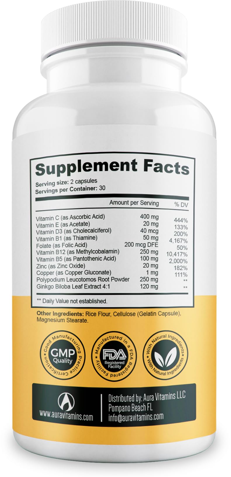 Aura Vitamins Dermawonder Vitiligo natural ingredients highlight clean formula.
