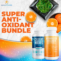 Aura Vitamins hydrolyzed collagen with vitamin C bottle close-up highlighting skin hydration potential
