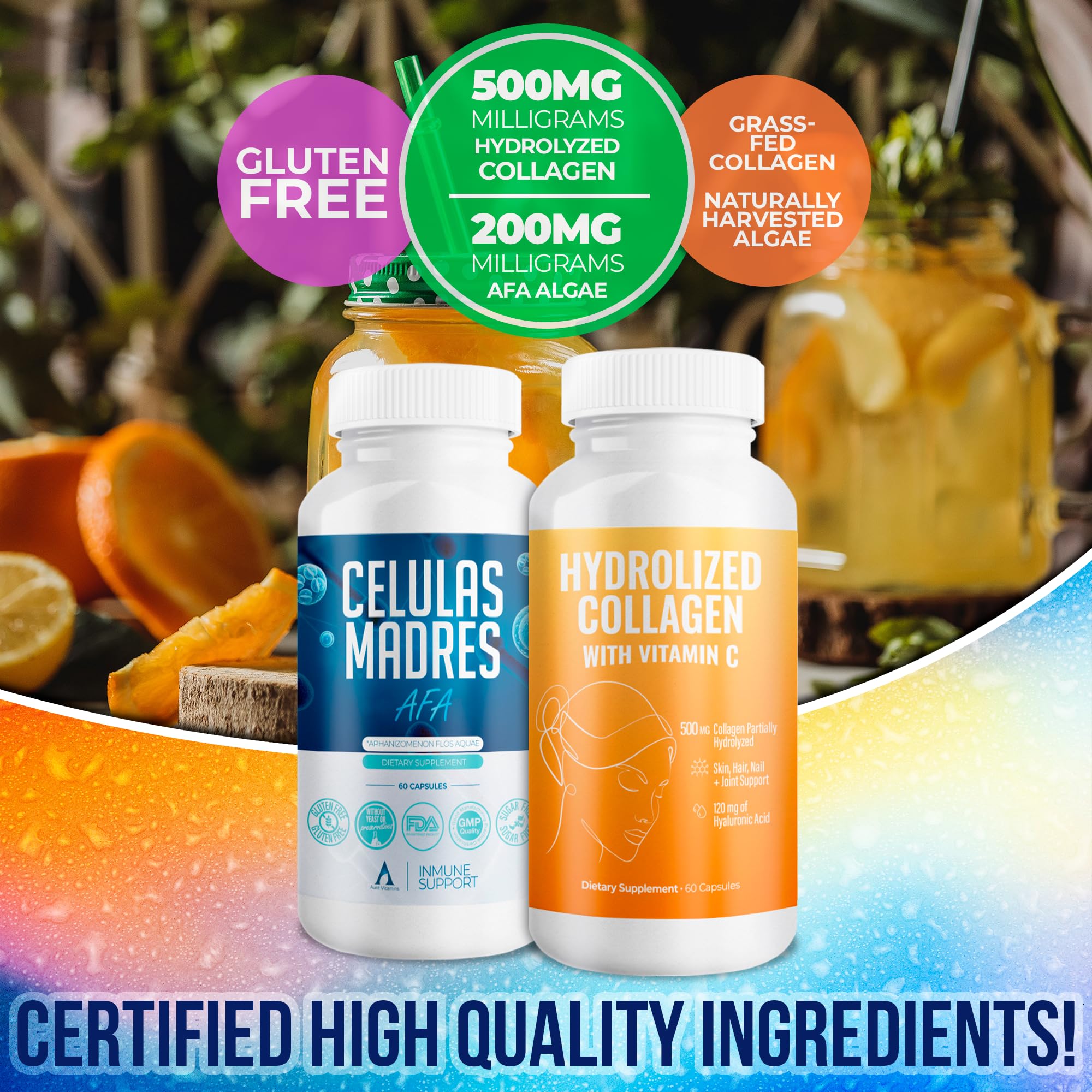 Aura Vitamins two-bottle set on shelf illustrating convenient skin, hair, and nails support