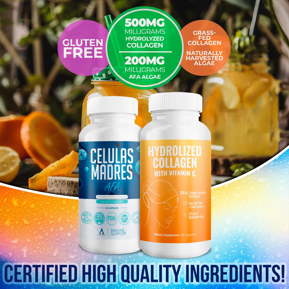 Aura Vitamins two-bottle set on shelf illustrating convenient skin, hair, and nails support