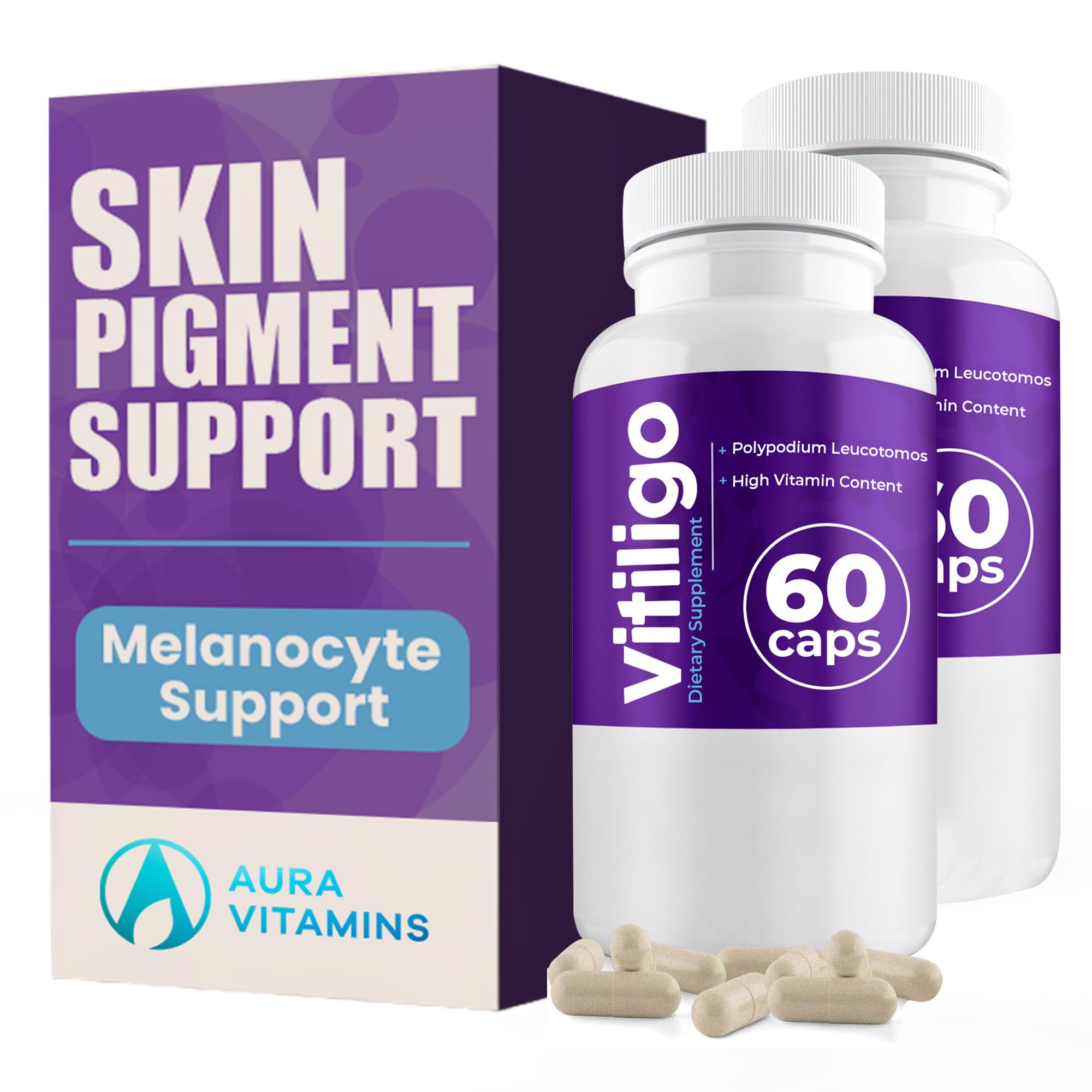 Aura Vitamins Vitiligo Capsules bottle front promote balanced skin pigmentation potential.