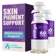 Aura Vitamins Vitiligo Capsules bottle front promotes daily skin balance and pigmentation.