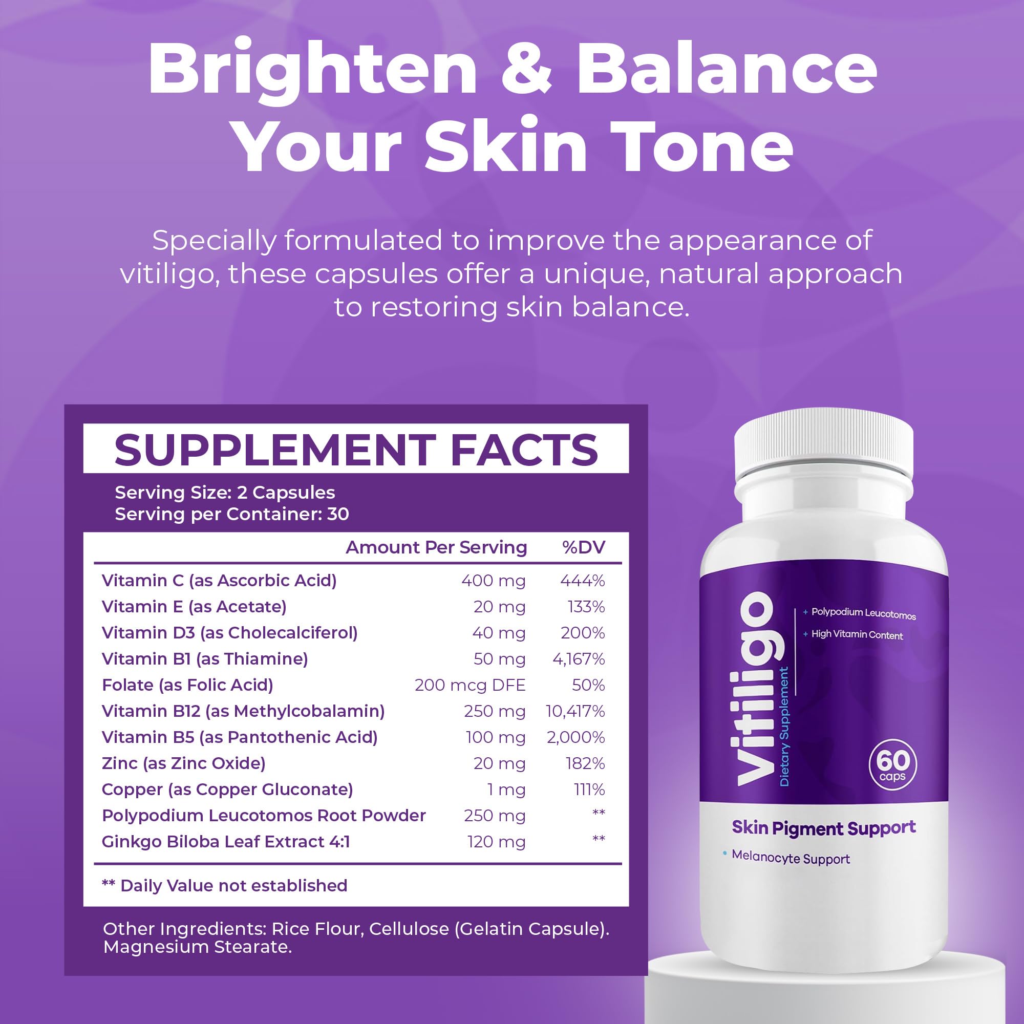 Aura Vitamins Vitiligo Capsules bottle top shot highlights easy-to-swallow design.