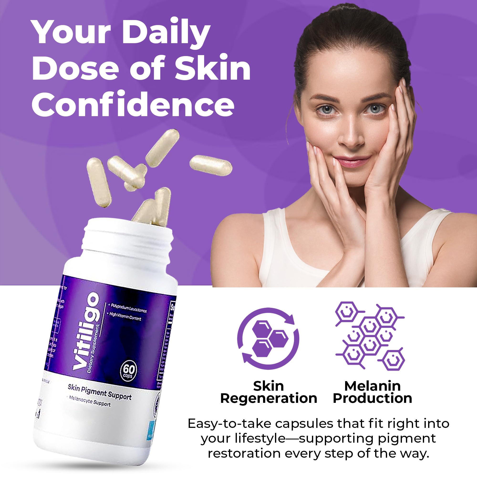 Aura Vitamins Vitiligo Capsules close-up with capsules suggests daily use convenience.