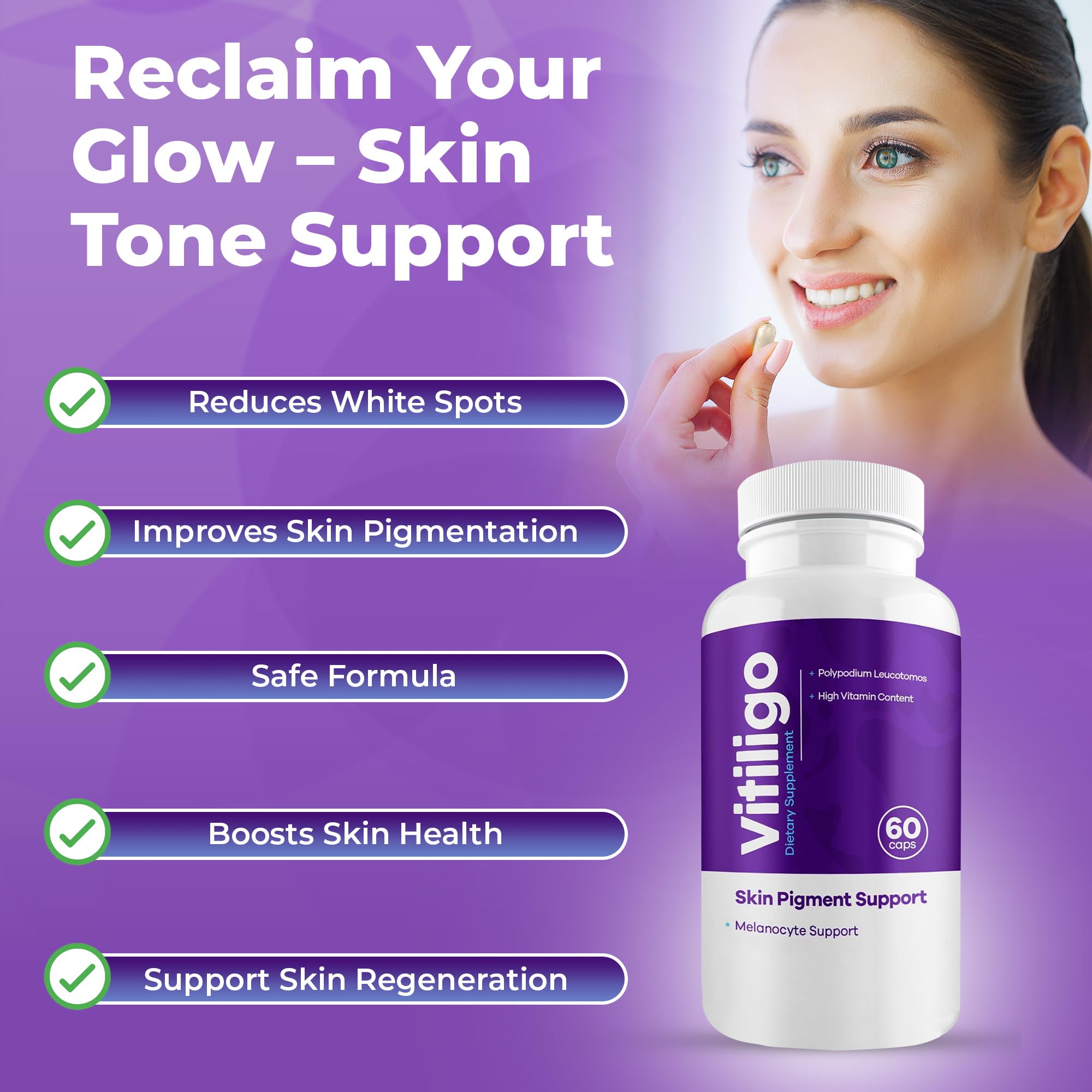 Aura Vitamins Vitiligo Capsules label closeup highlights quality formula for pigment-friendly nourishment.