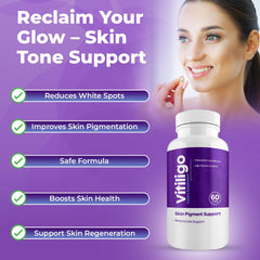 Aura Vitamins Vitiligo Capsules packaging detail highlights safe, natural ingredients.