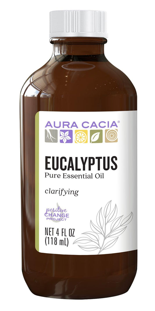 Aura Cacia Eucalyptus globulus essential oil bottle pour illustrating a crisp, revitalizing aroma.