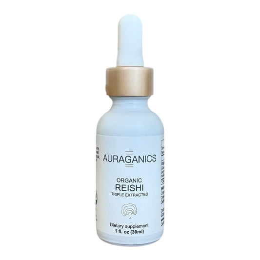 Auraganics Reishi tincture label close-up with organic certification.