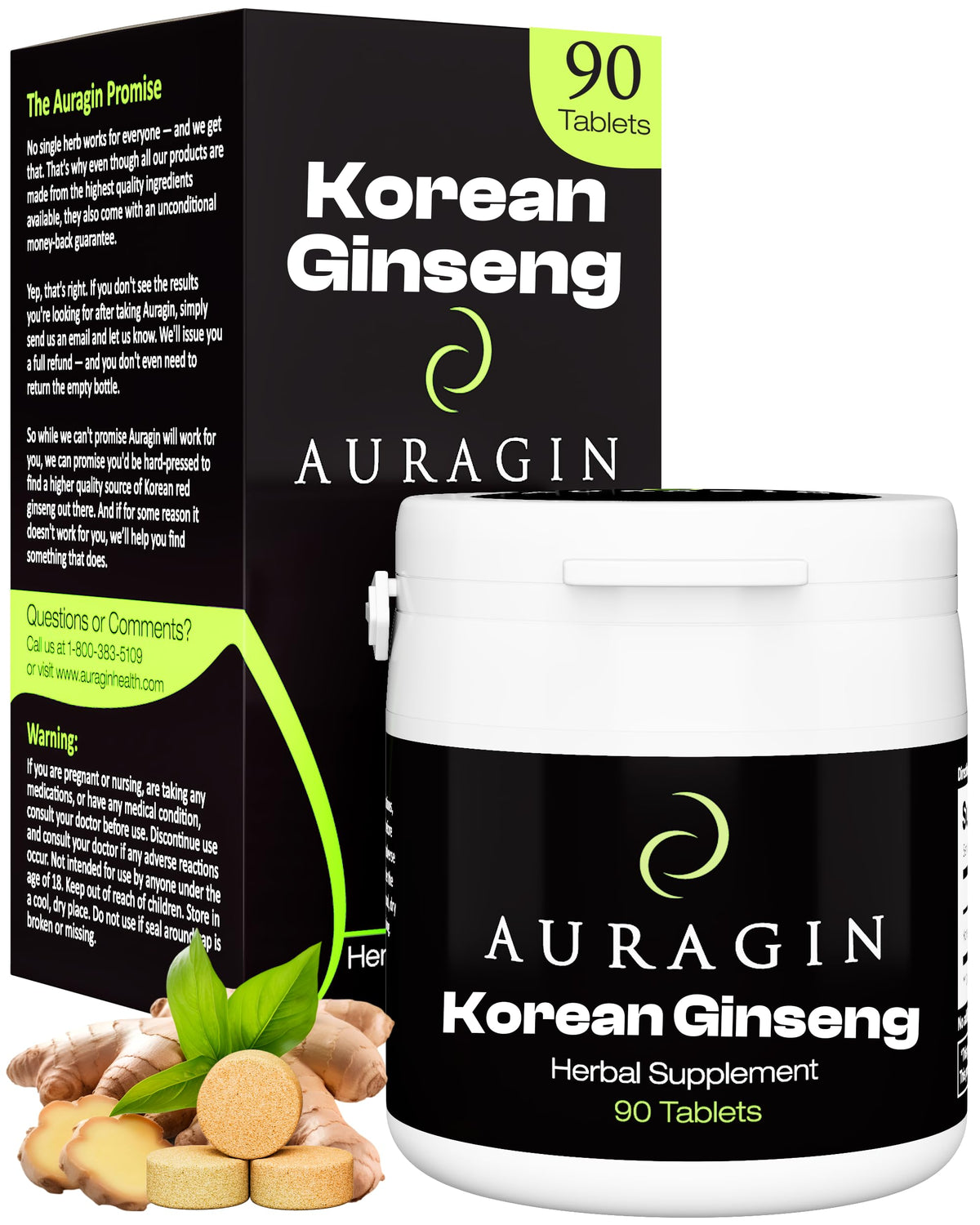 Auragin Korean red ginseng tablet close-up with six-year roots for natural vitality.